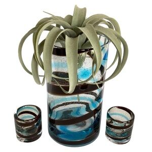 Vase And Matching Votive Candle Holders Swirl Design Brown And Aqua Blue Mexico